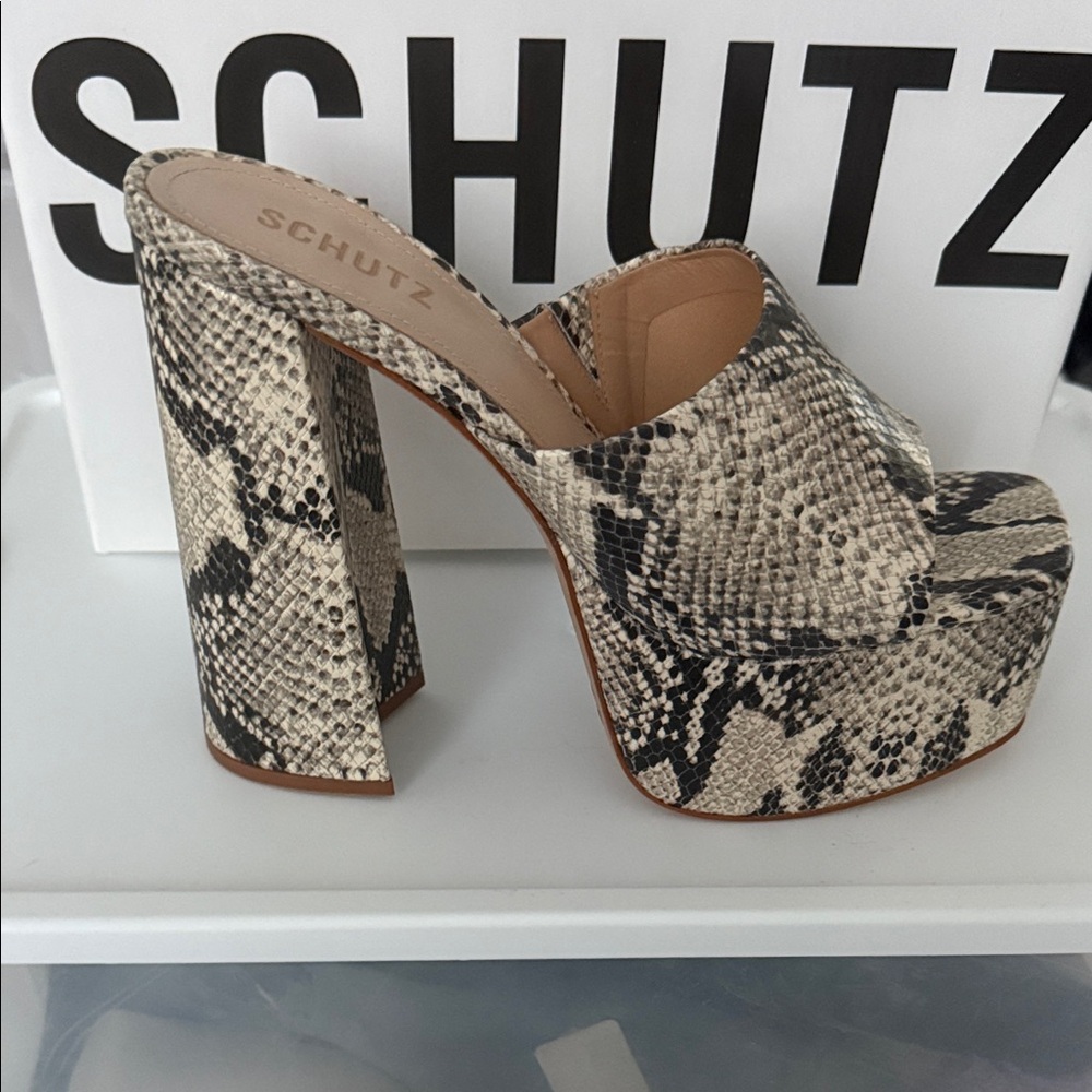 SCHUTZ Black and Cream Snake Print Platform Shoes